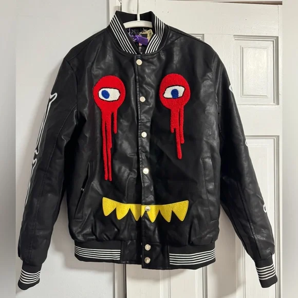 Hardsoda Skeleton Bones Varsity Jacket Black Faux Leather Unisex - Picture 4 of 10